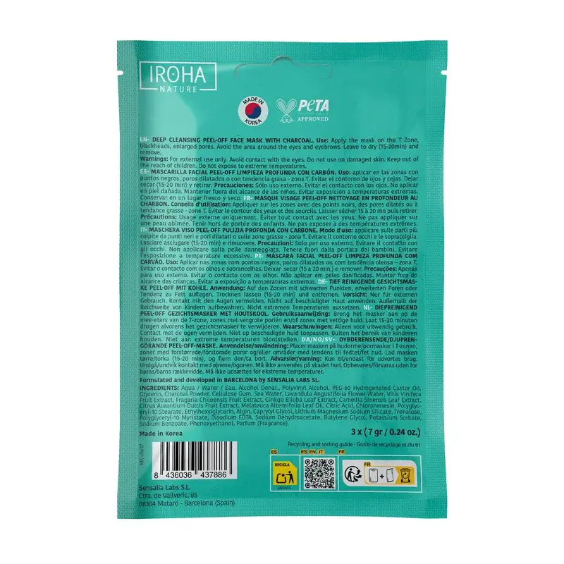 Máscara de carvão vegetal de limpeza profunda Iroha Nature Peel Off, 3 unidades, 1 grama