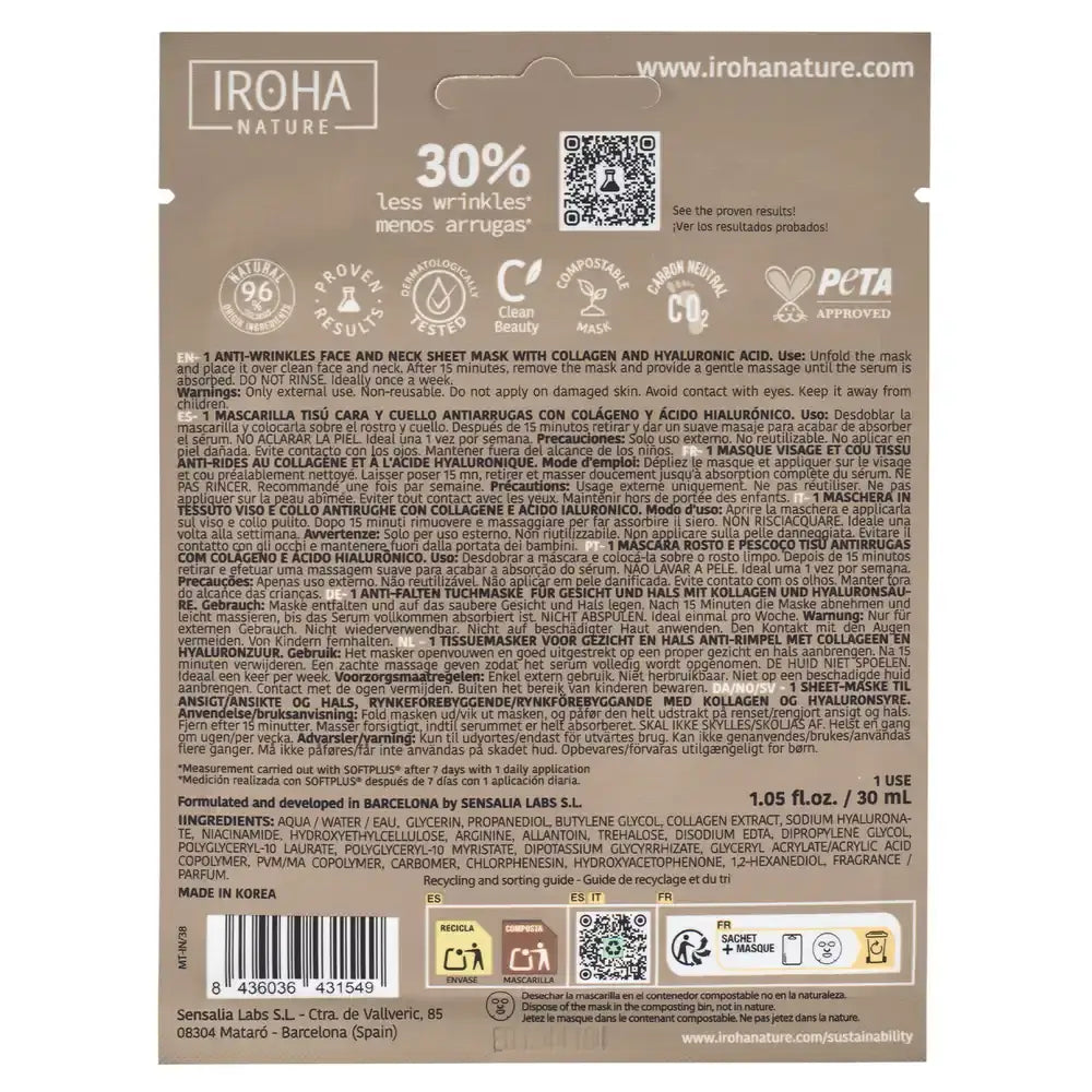 Iroha Nature Máscara de tecido antirrugas para o rosto e pescoço - Colagénio , 30 ml