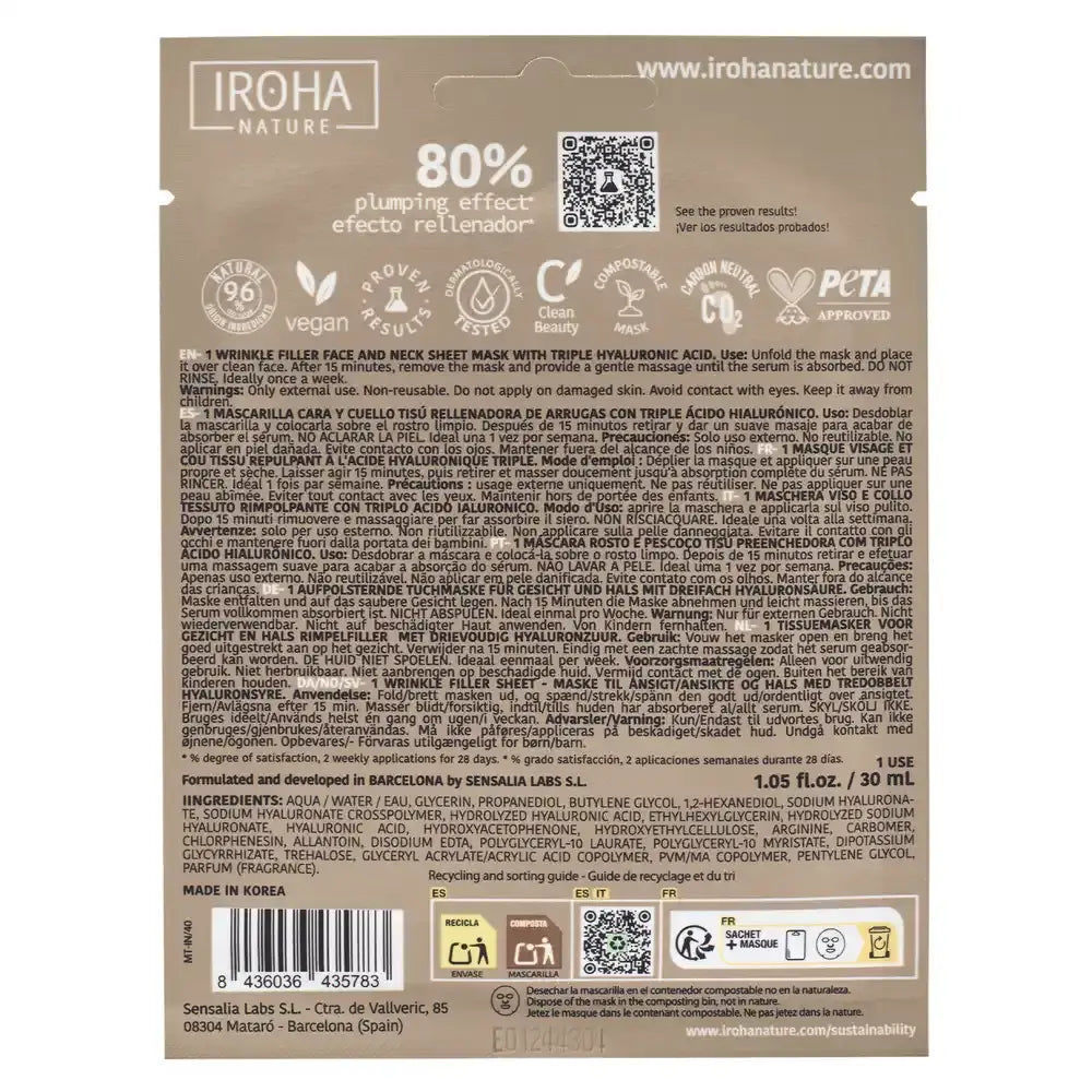 Iroha Nature Triple Hyaluronic Acid Wrinkle Filler Face & Neck Tissue Mask, 30 ml