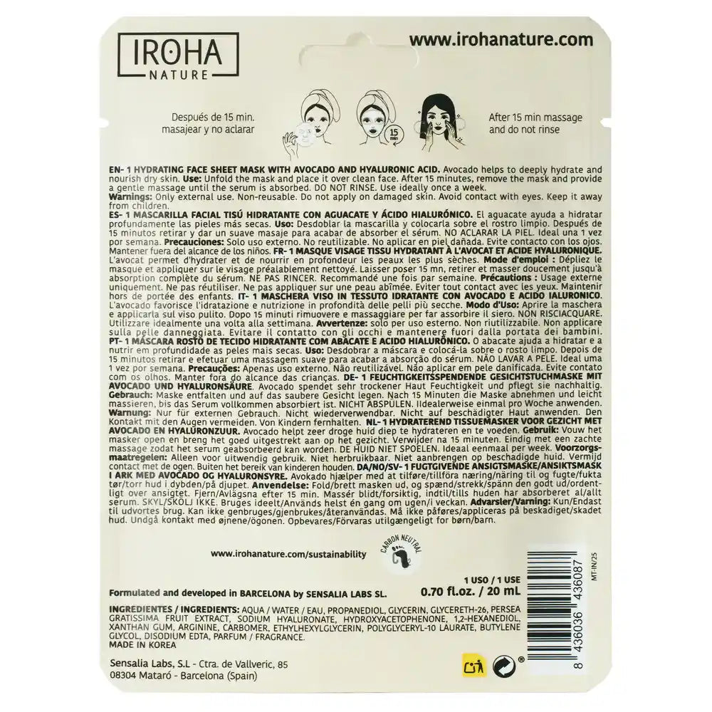 Iroha Nature Natural Extracts Máscara Facial Hidratante de Abacate, 20 Ml