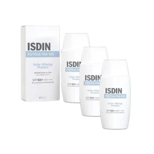 Isdin Fotoultra 100 Fluido de fusão solar para alergias Spf50+, 3X50 Ml