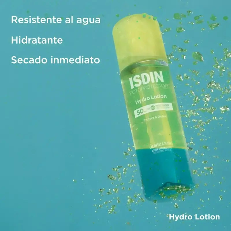 isdin hydrolotion spf 50 é resistente à água. Hidrata e seca instantaneamente