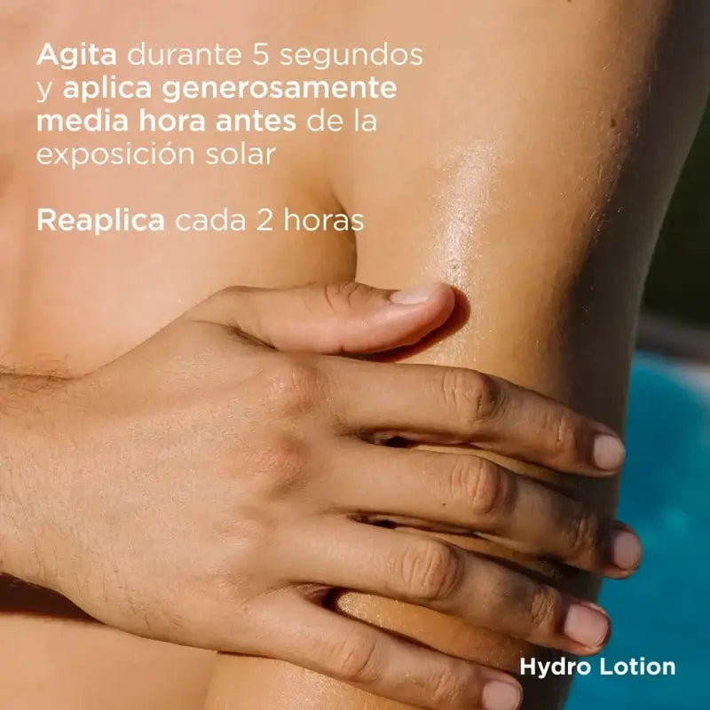 Agitar isdin hydrolotion spf 50 durante 5 segundos e aplicar meia hora antes da exposição.