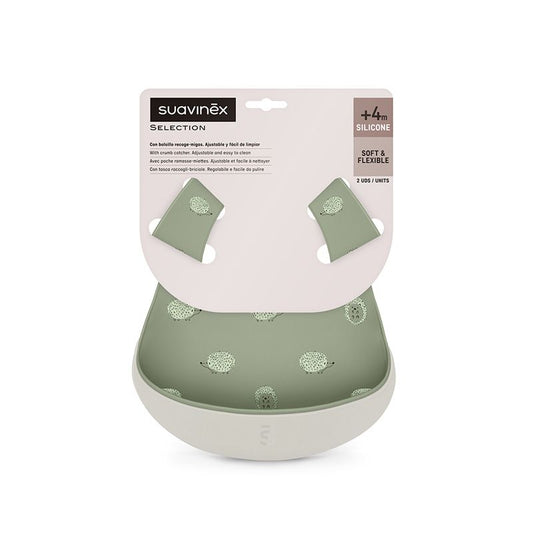 Suavinex Conjunto de 2 babetes de silicone flexíveis à prova de água com bolso para recolha de migalhas, +4 meses, verde + cinzento