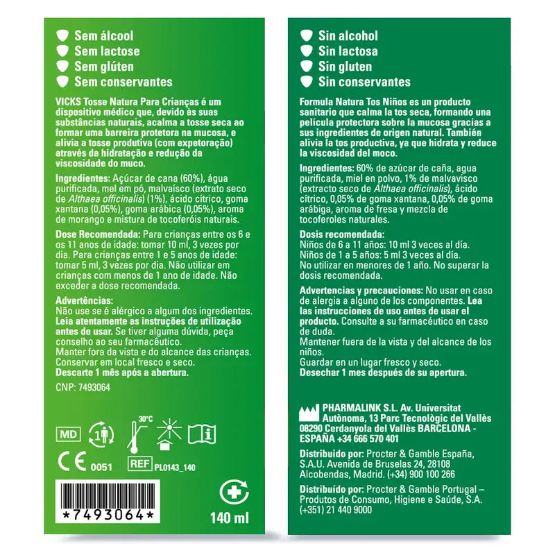 Vicks Formula Natura Xarope para a Tosse Infantil Mel Sabor Morango, 140 ml