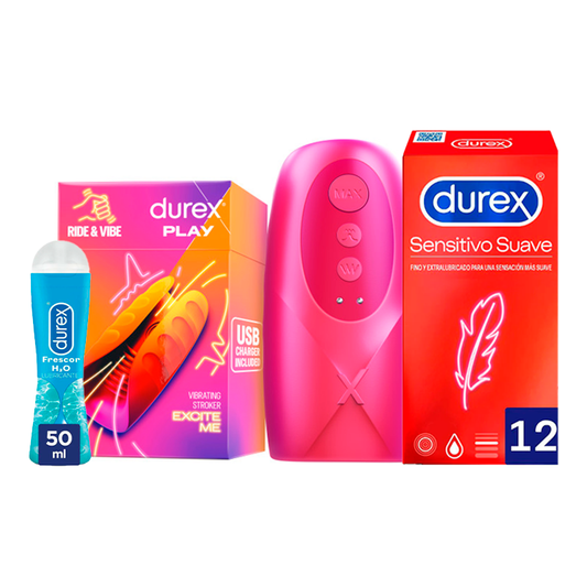 Durex Freshness Lubrificante 50 Ml + Masturbador para o Pénis Ride&Vibe + Preservativos Sensíveis Suaves 12 Unidades