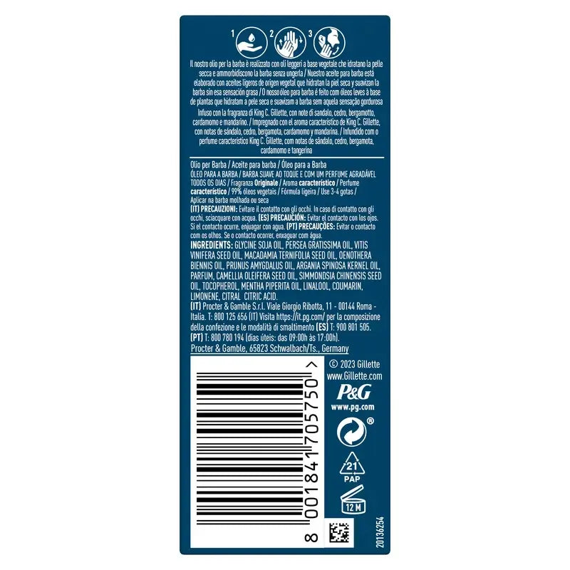 King C. Gillette óleo de barba para homem com aroma vegetal, 30 ml