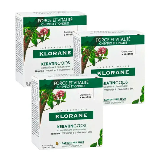 Klorane Keratincaps, Embalagem 3 x 30 cápsulas