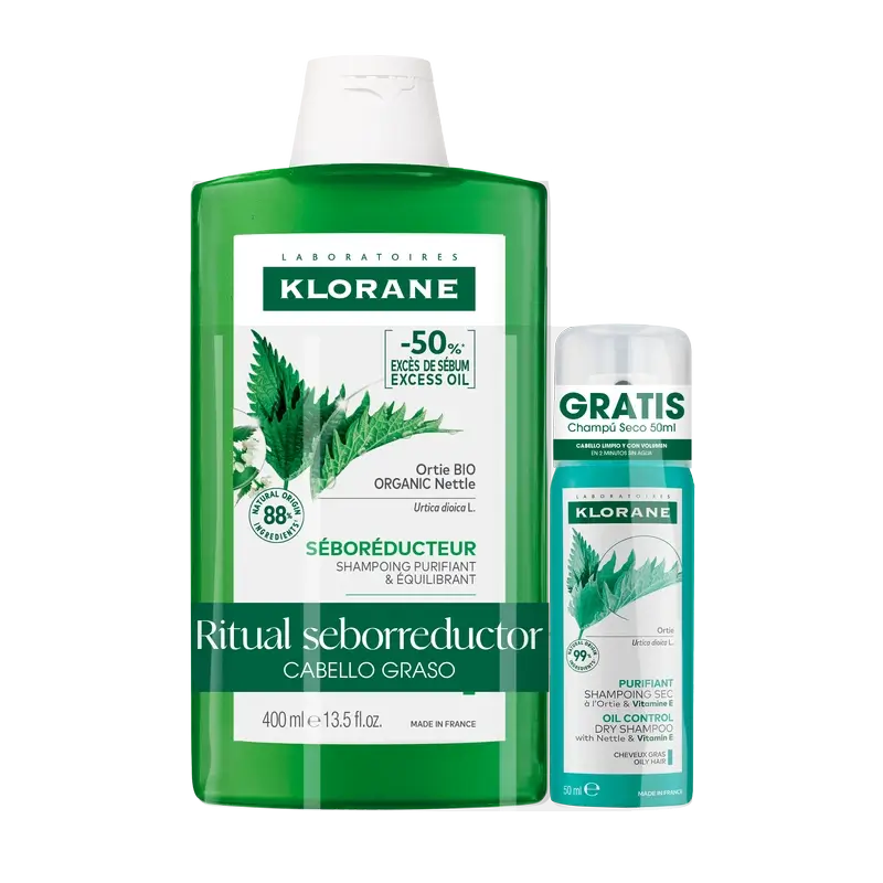 Pack Klorane Champô Sebo-regulador Urtiga Orgânica 400 Ml + Champô Seco Purificante Urtiga & Vitamina E 50 Ml