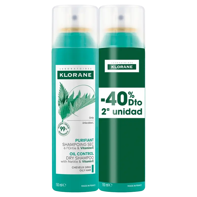 Klorane Champô seco de urtiga para cabelos oleosos 2x150ml 40% OFF