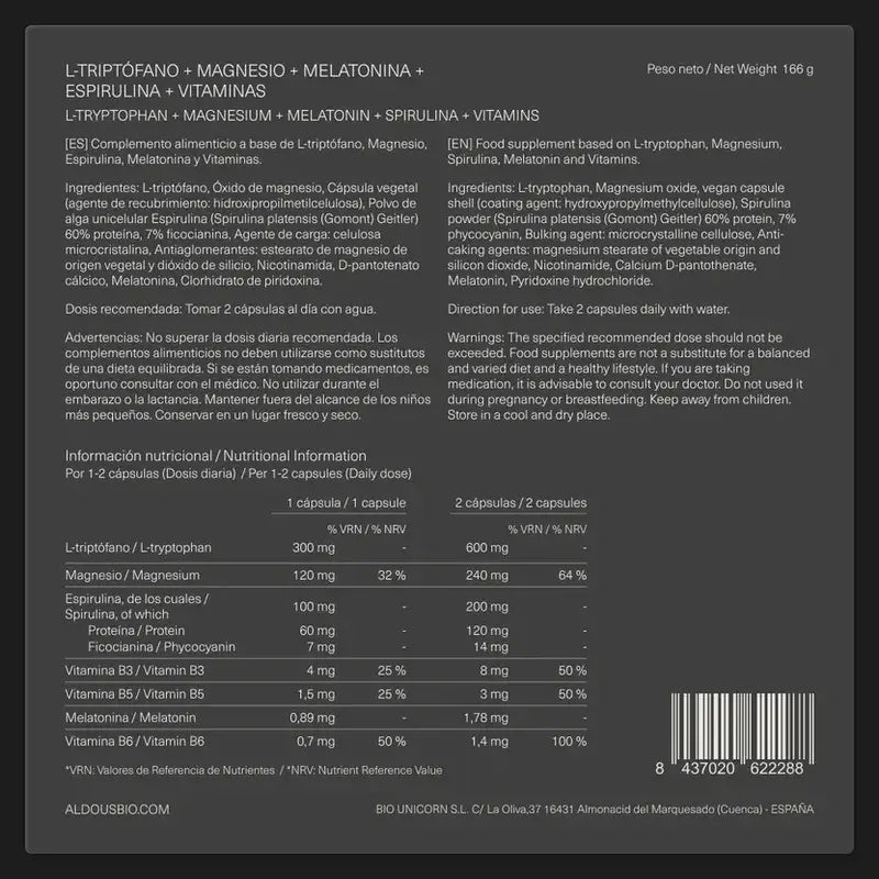 Aldous Labs L-Tryptophan Premium Melatonina 1,78 mg Magnésio, 200 cápsulas vegetarianas