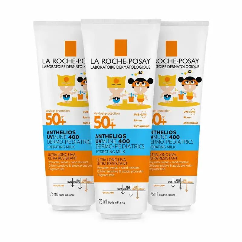 La Roche-Posay Anthelios Dermo-Pediatrics Leite Hidratante SPF 50+ Protetor Solar para Crianças Embalagem 3 x 250 ml