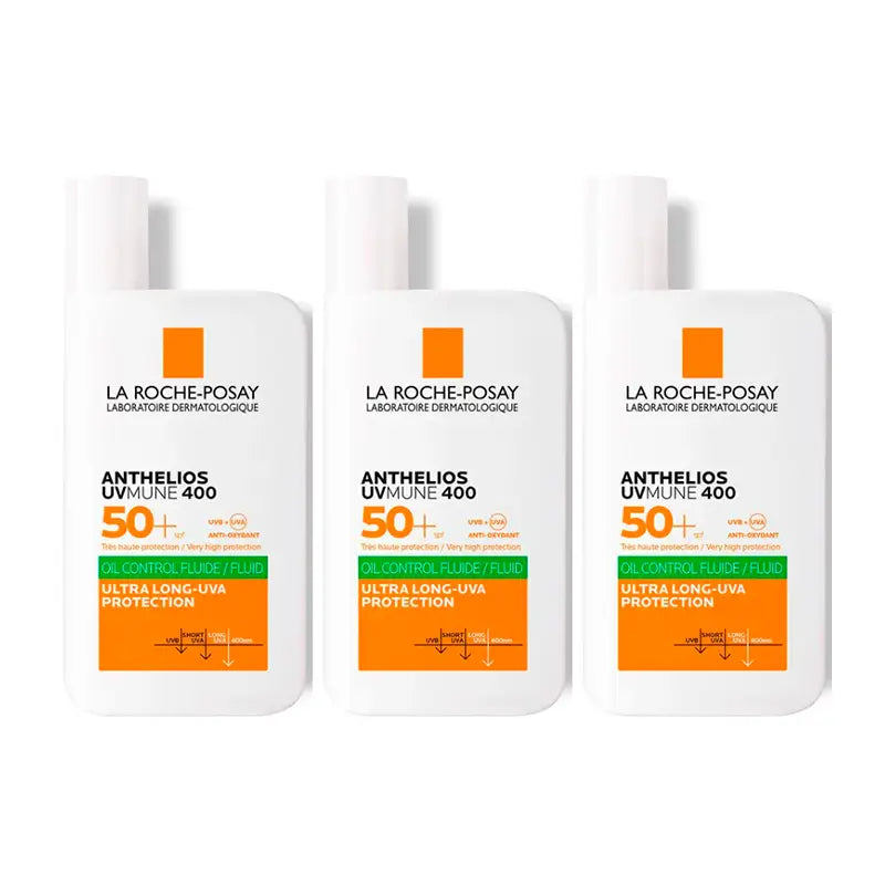 La Roche Posay Triplo Anthelios Uv-Mune 400 Fluido Invisível Controlo de Óleo Spf50+ Sem Cor, 3 X 50 Ml