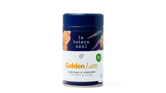 La Tetera Azul Golden Latte 100% Orgânico, Latte de Cúrcuma com Gengibre, Canela e Cardamomo, Infusão Gourmet Antioxidante pote de 80g.