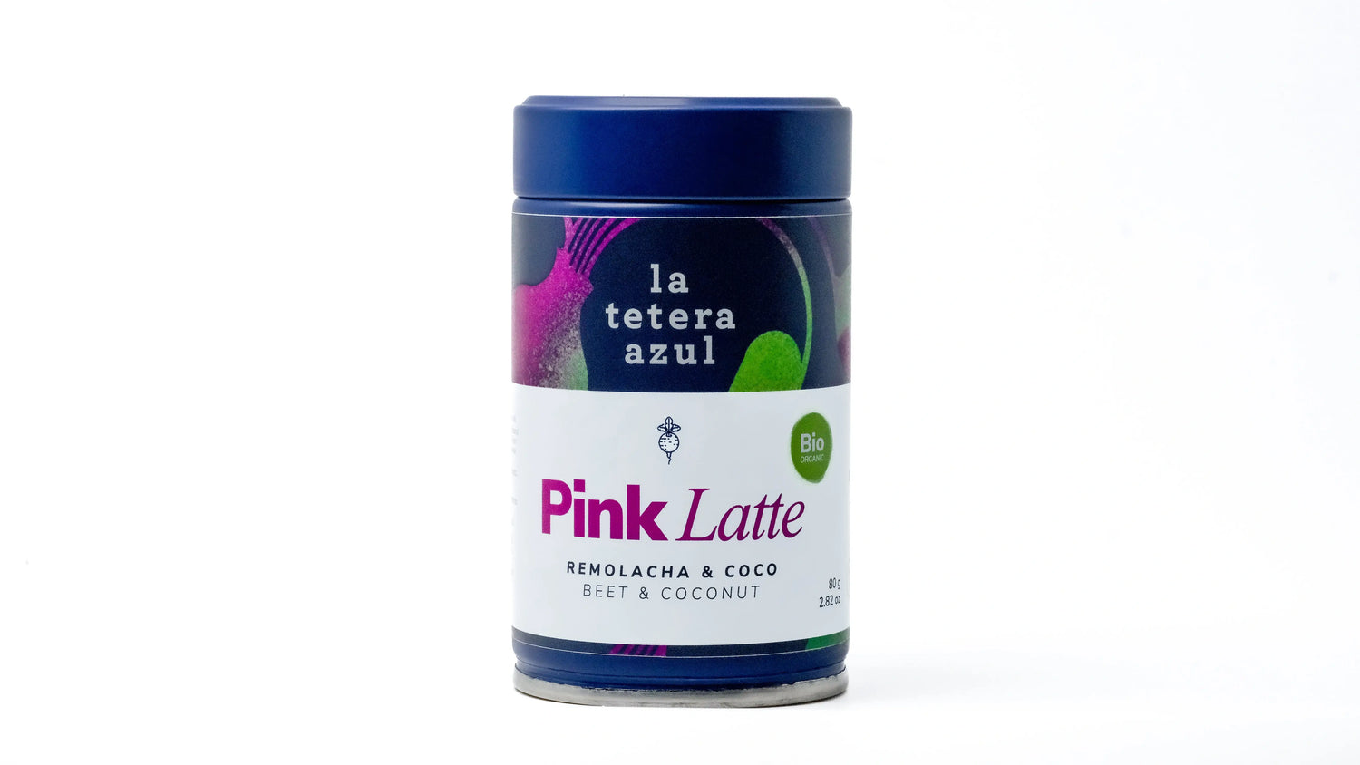 La Tetera Azul Pink Latte 100% Orgânico, Bebida de Beterraba e Coco, Sem Açúcar, Sem Lactose, Adequado para Diabéticos e Vegans Pote de 80g.