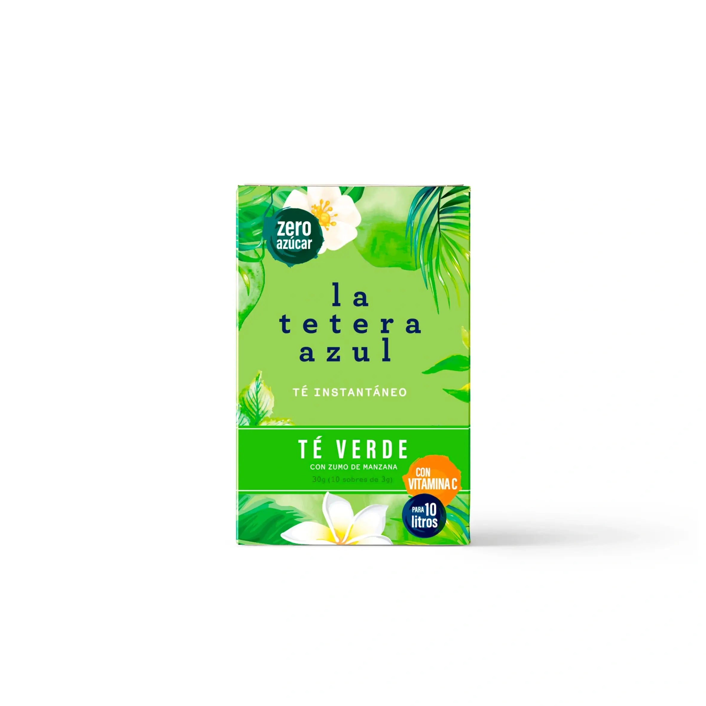 Chá verde frio La Tetera Azul sabor maçã. Pó para infusão a frio, caixa de 10 saquetas.