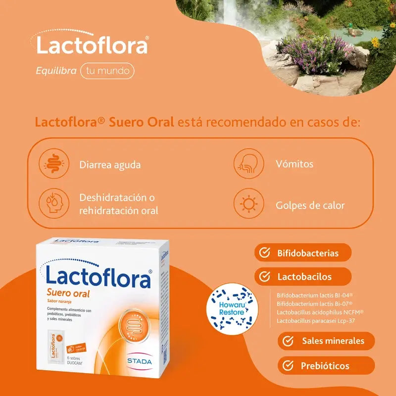 Lactoflora Soro Oral com Probióticos, Prebióticos e Sais Minerais Sabor a Laranja , 6 saquetas