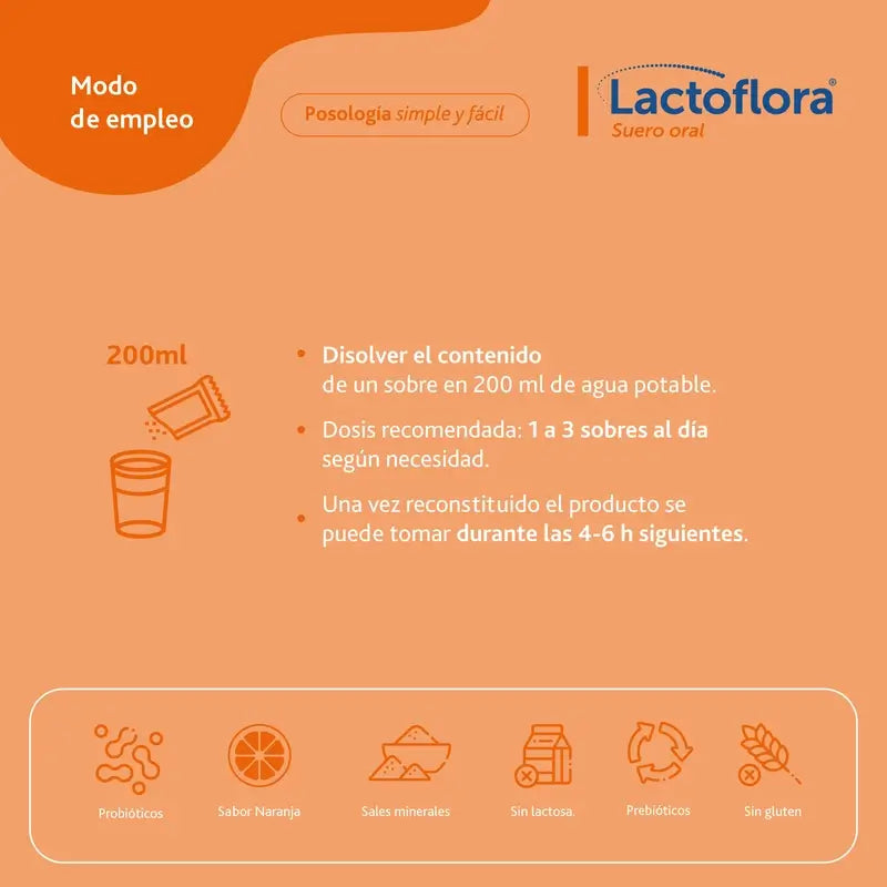 Lactoflora Soro Oral com Probióticos, Prebióticos e Sais Minerais Sabor a Laranja , 6 saquetas