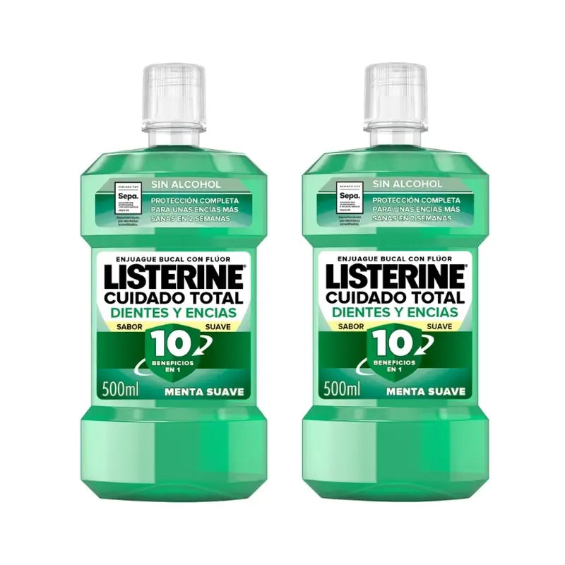 Listerine Duplo Elixir Bucal Proteção dos Dentes e Gengivas Elixir Bucal Menta Suave Sem Álcool, 2 x 500 ml