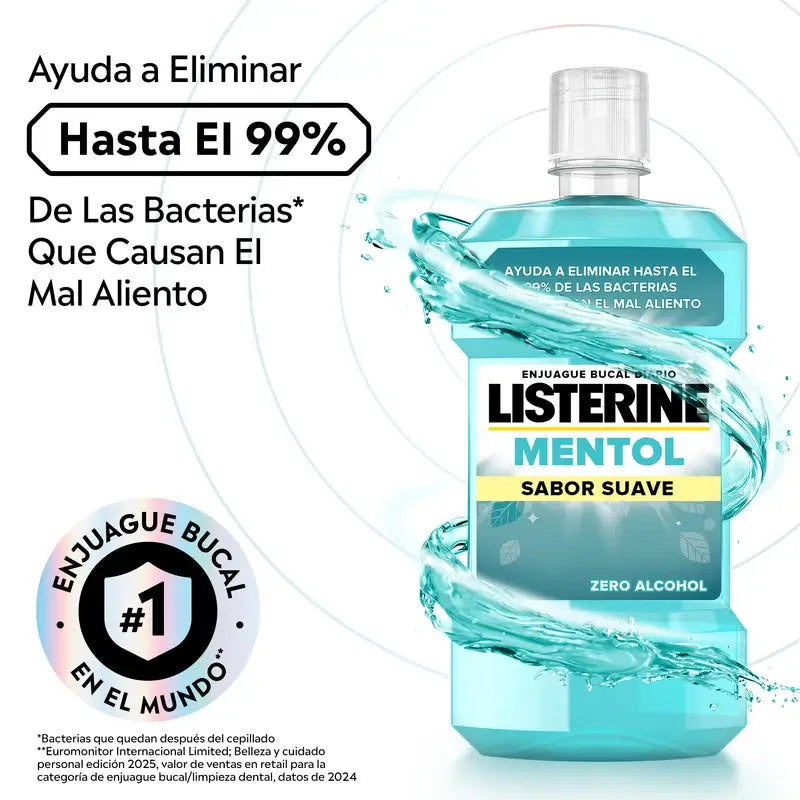 Listerine Colutório, Mentol Sabor Suave, Sem Álcool, Uso Diário, 500ml