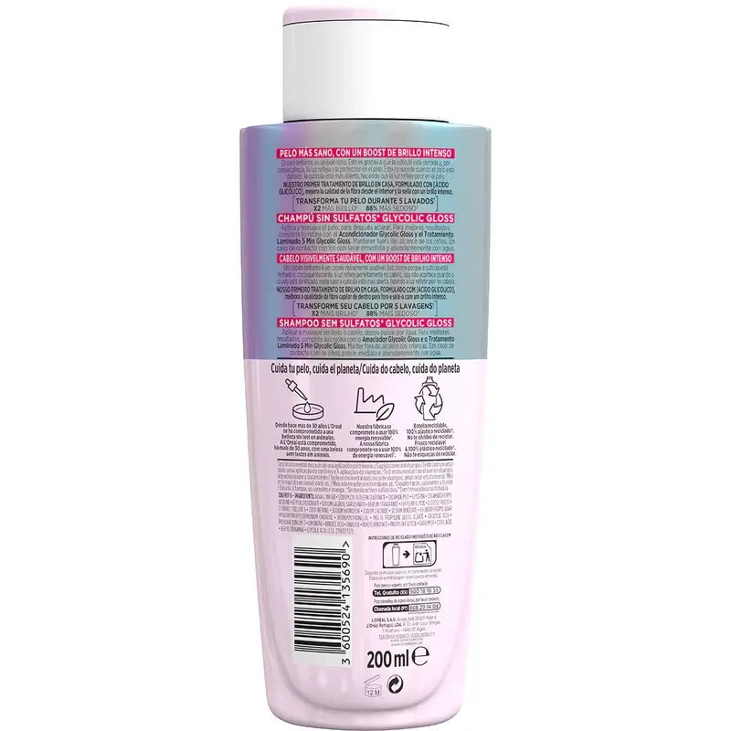 L'Oréal Paris Elvive Brilho Glicólico Champô com Ácido Glicólico Cabelo macio e brilhante