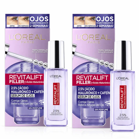 L'Oréal Paris Revitalift Filler Sérum para os Olhos: 2,5% Ácido Hialurónico e Cafeína, Roll-On Triplo, embalagem 2