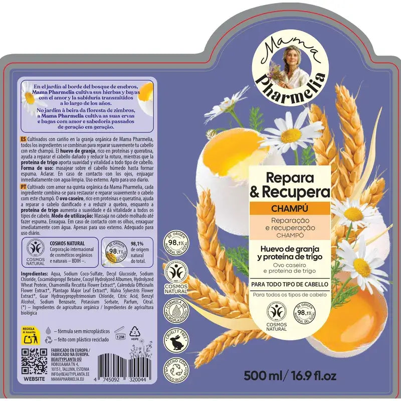 Champô Reparador e Recuperador de Proteínas de Ovo e Trigo da Mama Pharmelia Farm, 500ml