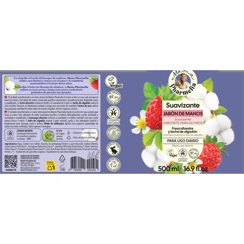 Mama Pharmelia Sabonete Suavizante para as Mãos com Morango Selvagem e Leite de Algodão, 500 Ml