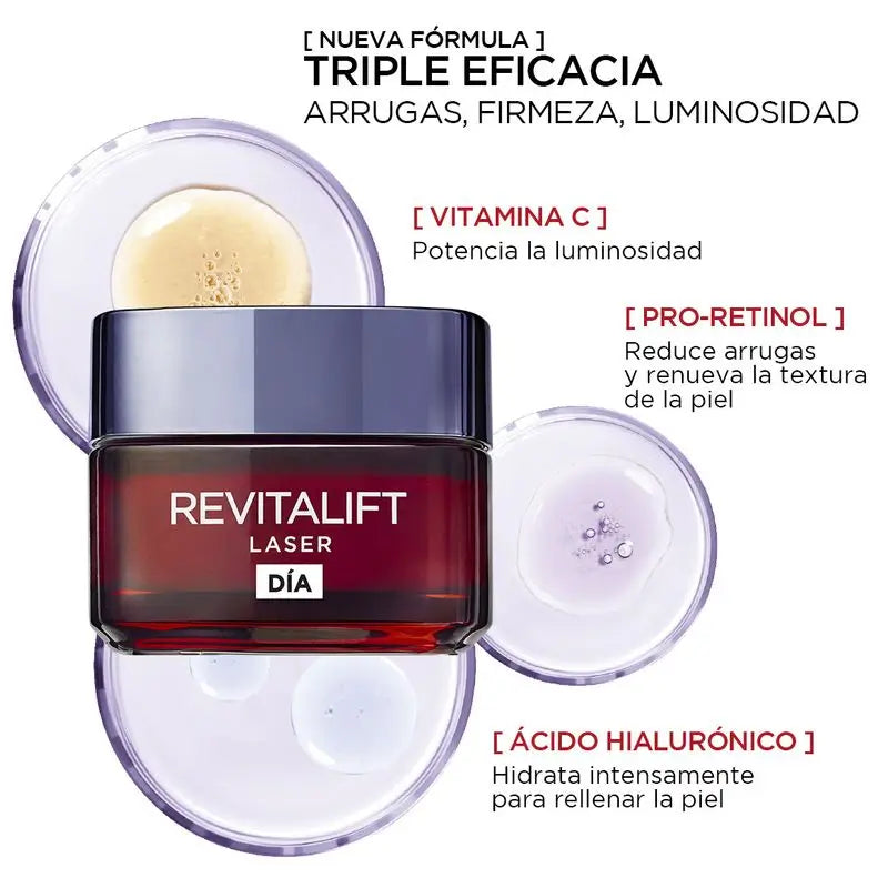 L'Oréal Paris Revitalift Laser, Creme de Dia Anti-Envelhecimento Intensivo com Vitamina C, Pró-Retinol e Ácido Hialurónico, 50ml