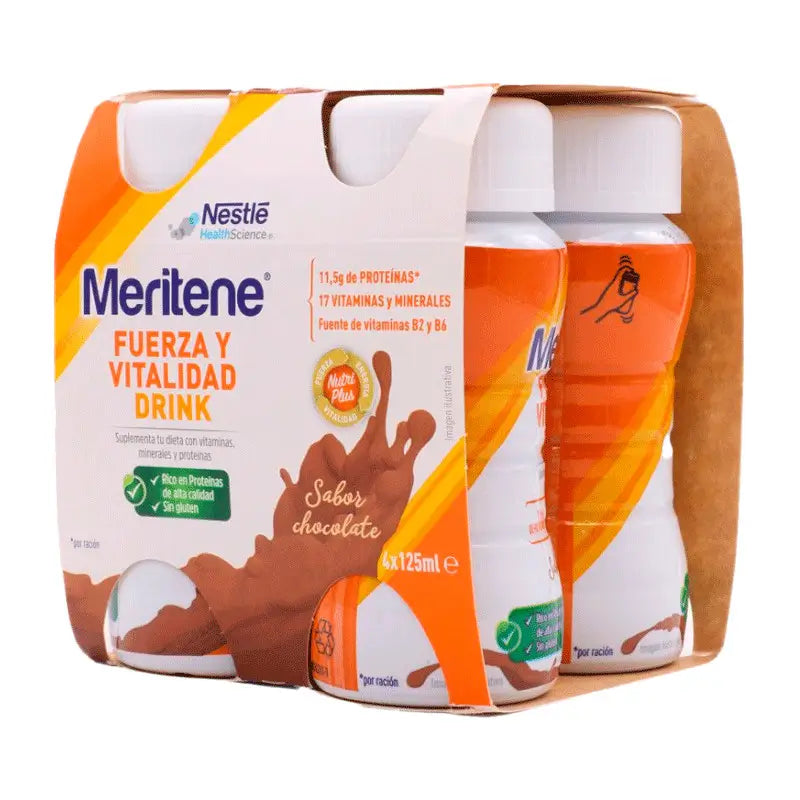 Meritene Strength & Vitality Drink Batido de sabor a chocolate, 4X125 ml