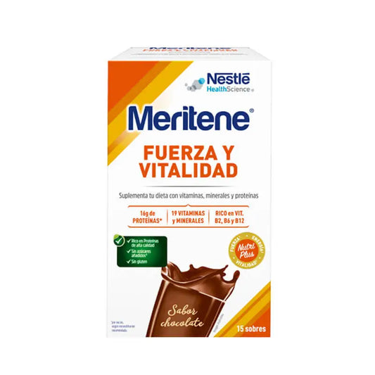 Meritene Strength & Vitality Batido de sabor a chocolate, 15 saquetas x 30 g