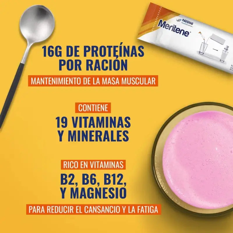 Batido de Força e Vitalidade Meritene Sabor a Morango, 15 saquetas x 30 g