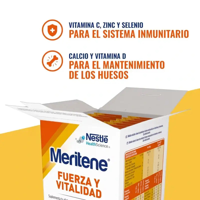 Batido de Força e Vitalidade Meritene Sabor a Morango, 15 saquetas x 30 g