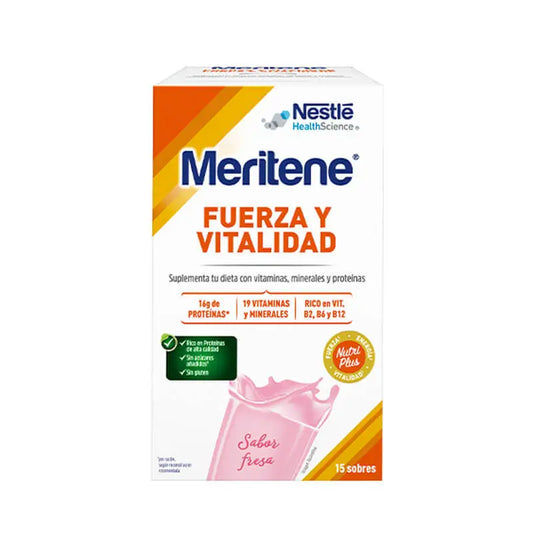 Batido de Força e Vitalidade Meritene Sabor a Morango, 15 saquetas x 30 g