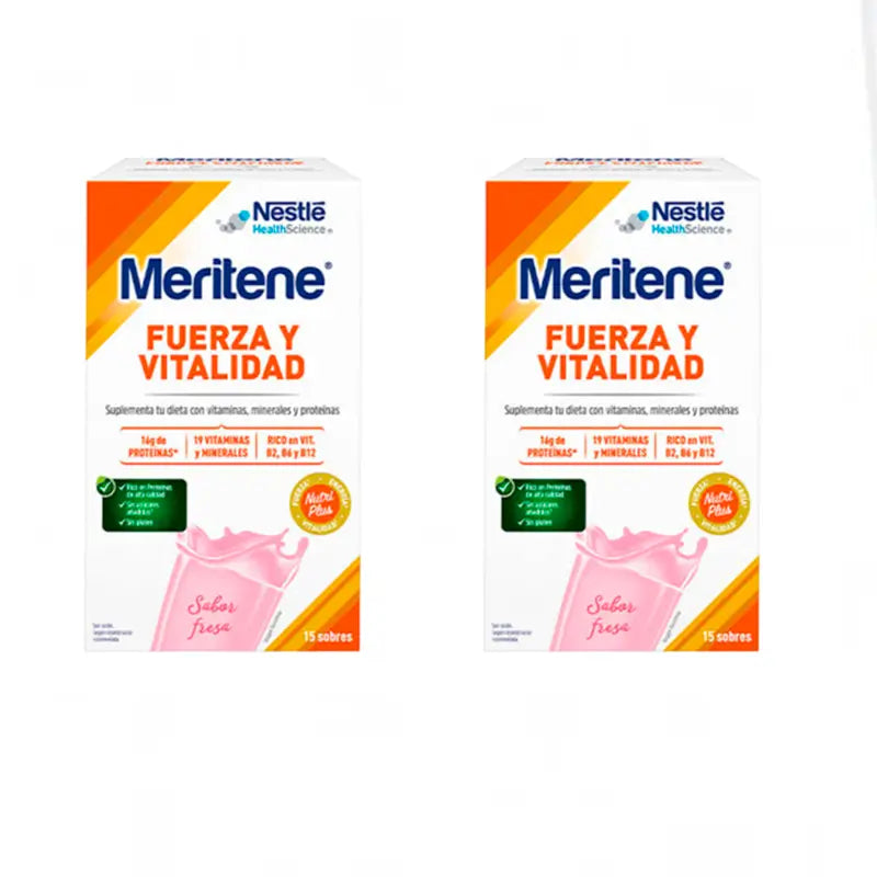Batido Meritene Strength & Vitality com sabor a morango, 2 x 15 saquetas de 30 gramas