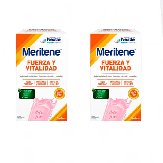 Batido Meritene Strength & Vitality com sabor a morango, 2 x 15 saquetas de 30 gramas