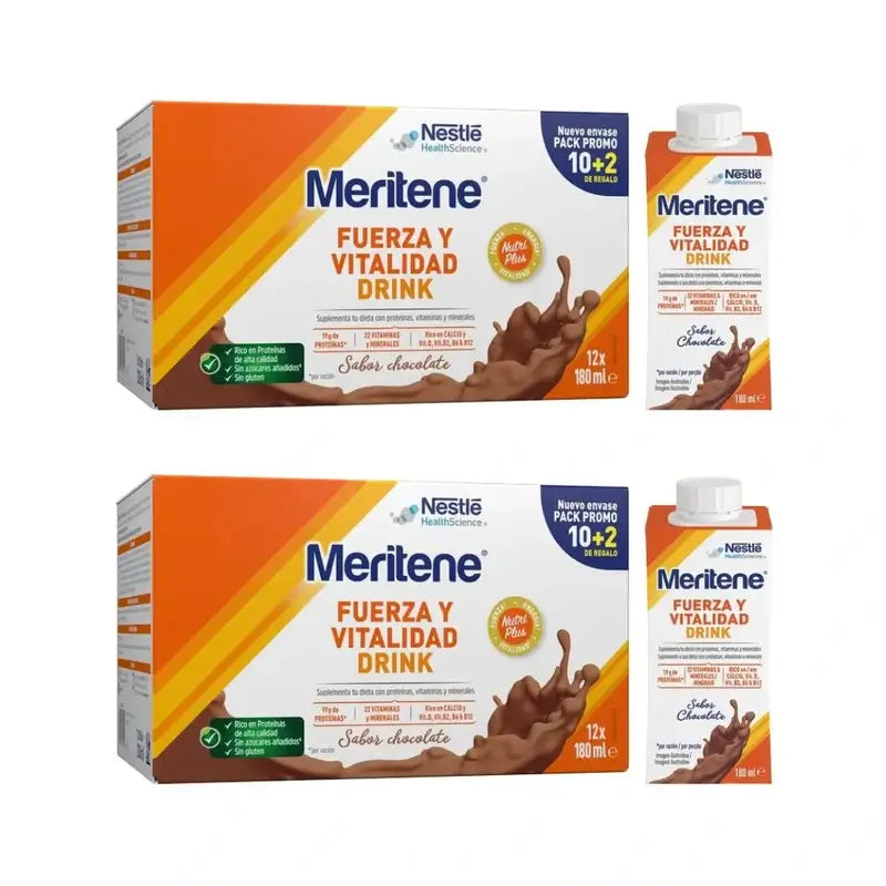 Meritene Strength & Vitality Drink Chocolate, 12X180 Ml, embalagem de 2