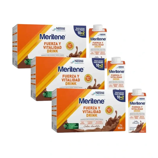 Meritene Strength & Vitality Drink Chocolate, 10+2 x 180 ml, embalagem de 3