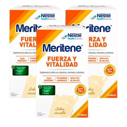 Meritene Strength and Vitality Baunilha, embalagem de 3 x 15 saquetas