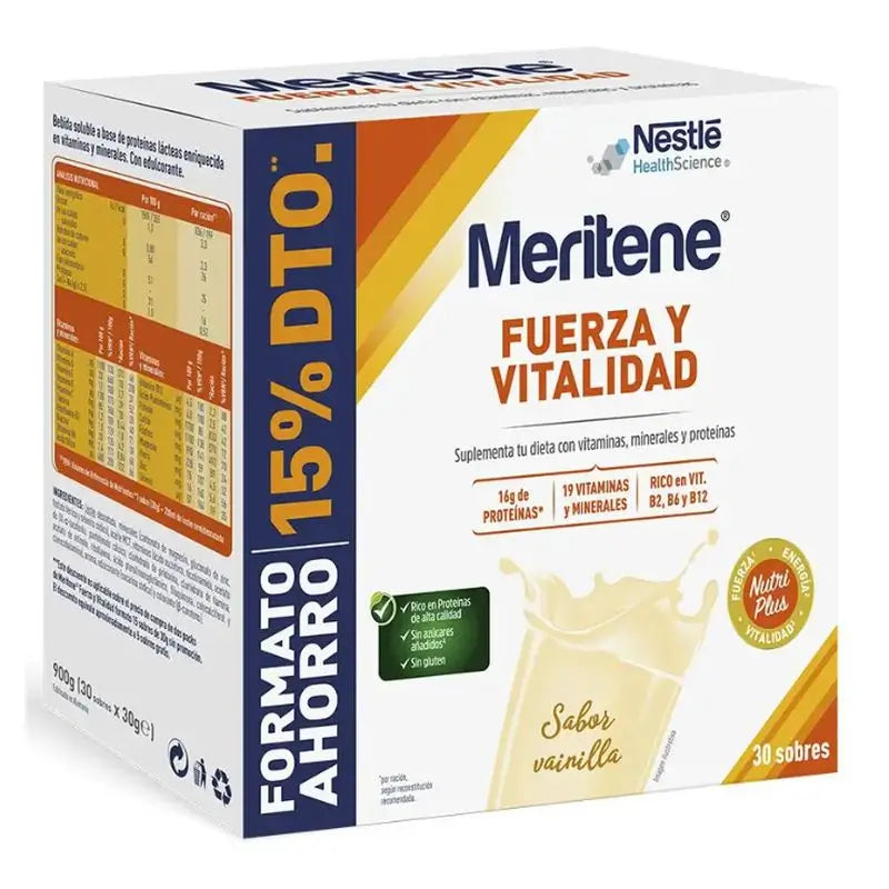 Meritene Strength & Vitality Baunilha Pacote de poupança, 30 saquetas