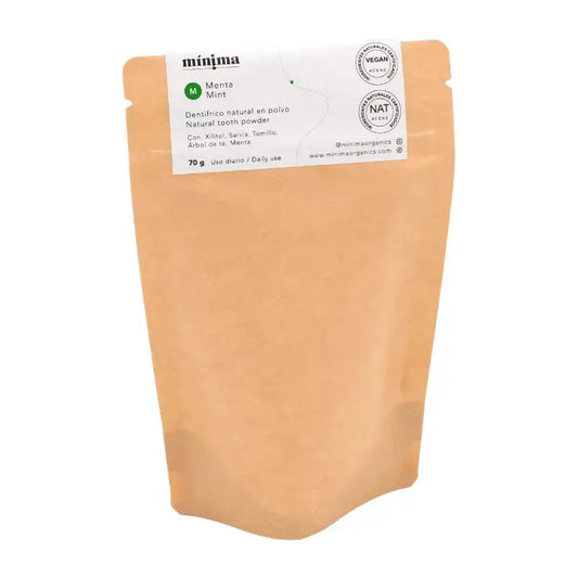 Pasta de dentes em pó sem flúor Minima Organics em saqueta compostável - 70 G