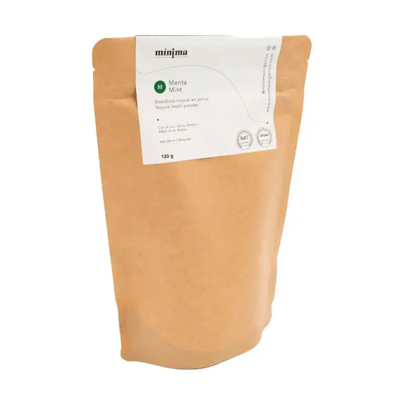 Pasta de dentes em pó vegan sem flúor Minima Organics em saqueta compostável - 120 G