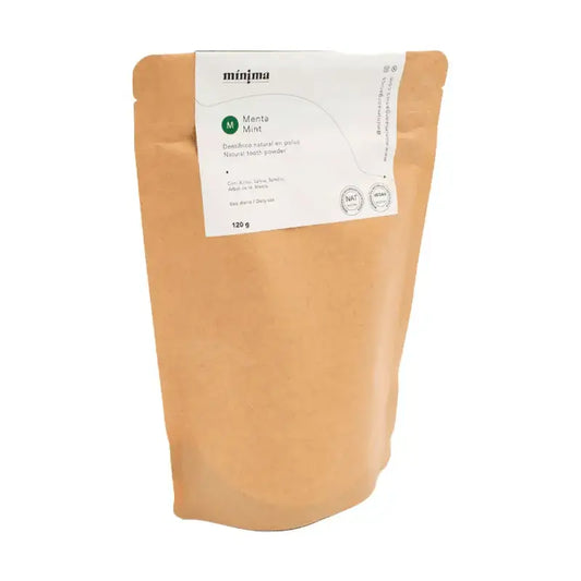 Pasta de dentes em pó vegan sem flúor Minima Organics em saqueta compostável - 120 G