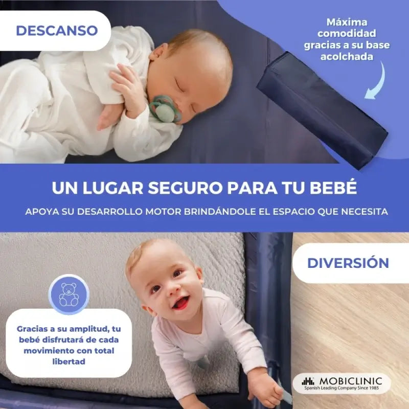 Mobiclinic Berço de viagem com rodas - Portátil - Dobrável - Robusto - Tecido respirável - Bolsa de transporte - Azul - Mofli