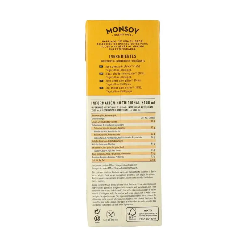 Monsoy Bebida vegetal de aveia sem glúten 1Lt 1 unid. Bio