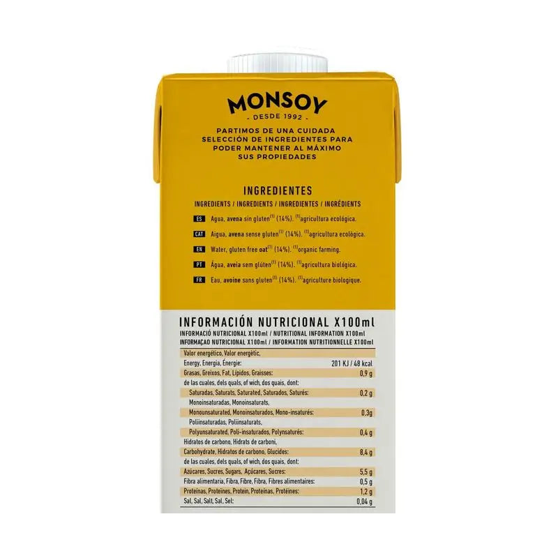 Monsoy Bebida vegetal de aveia sem glúten 1Lt 1 unid. Bio