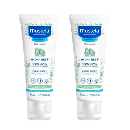 Mustela Hydra Baby Creme de Rosto com Abacate Bio, embalagem 2 x 40 ml