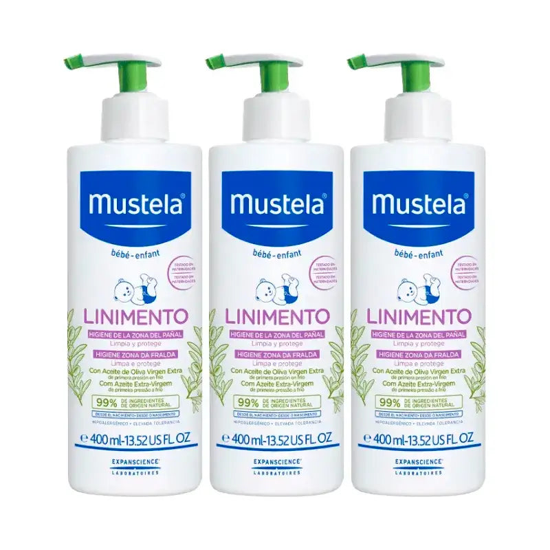 Linimento para a higiene do bebé Mustela, embalagem 3 x 400 ml