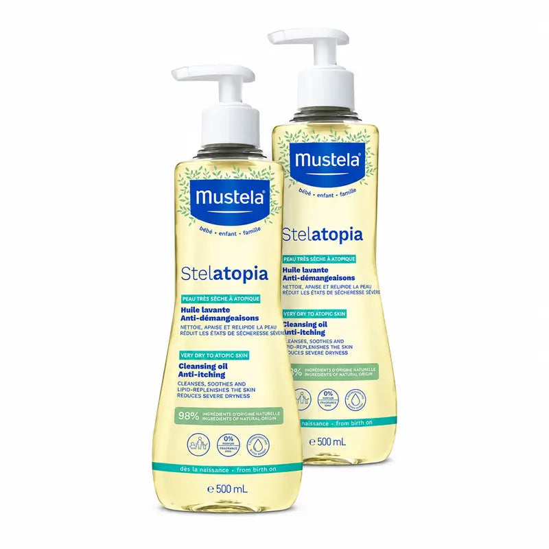 Óleo de Banho e Duche Mustela Stelatopia, embalagem 2 x 500 ml