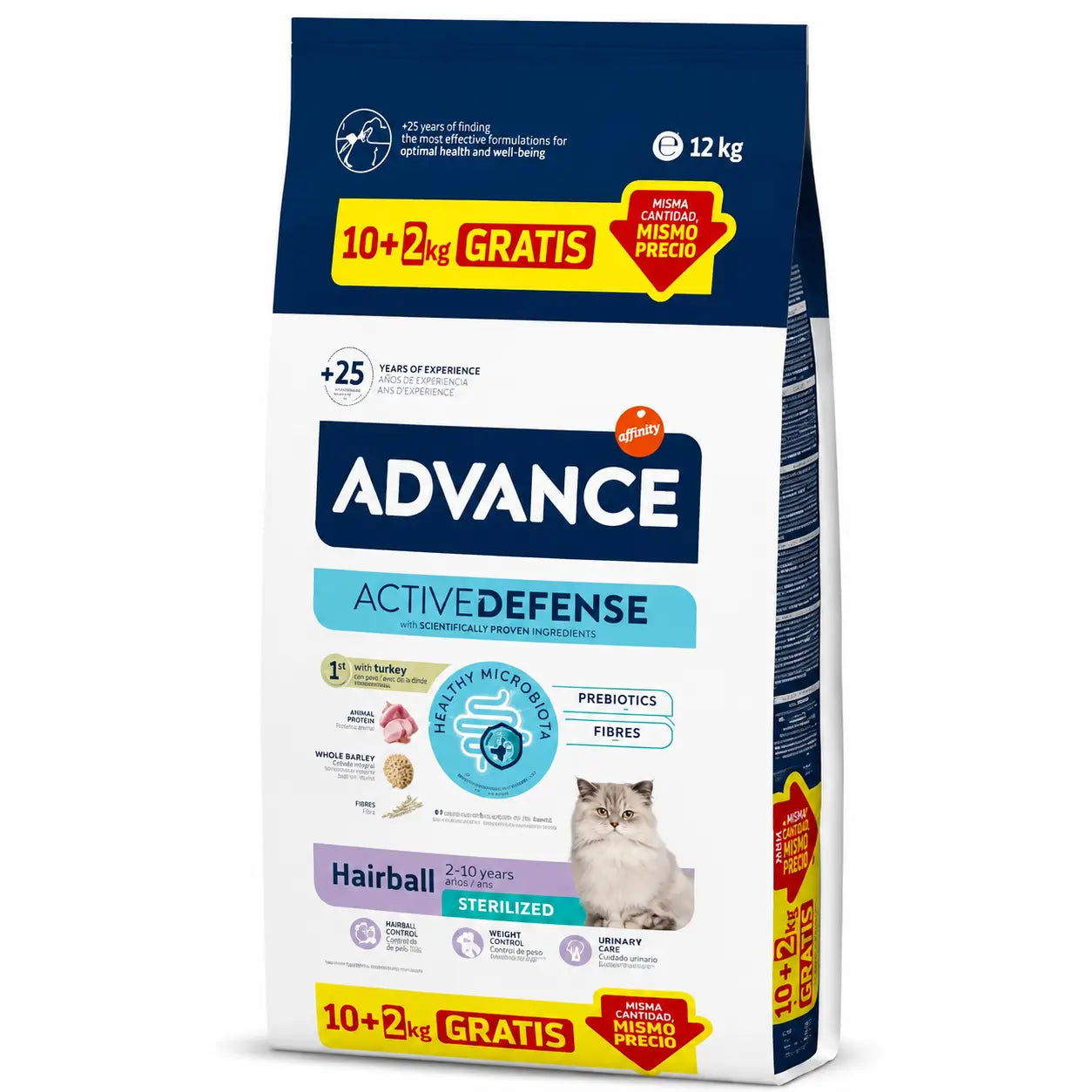 Alimento para gatos Advance Hairball esterilizado com peru, 10+2 kg